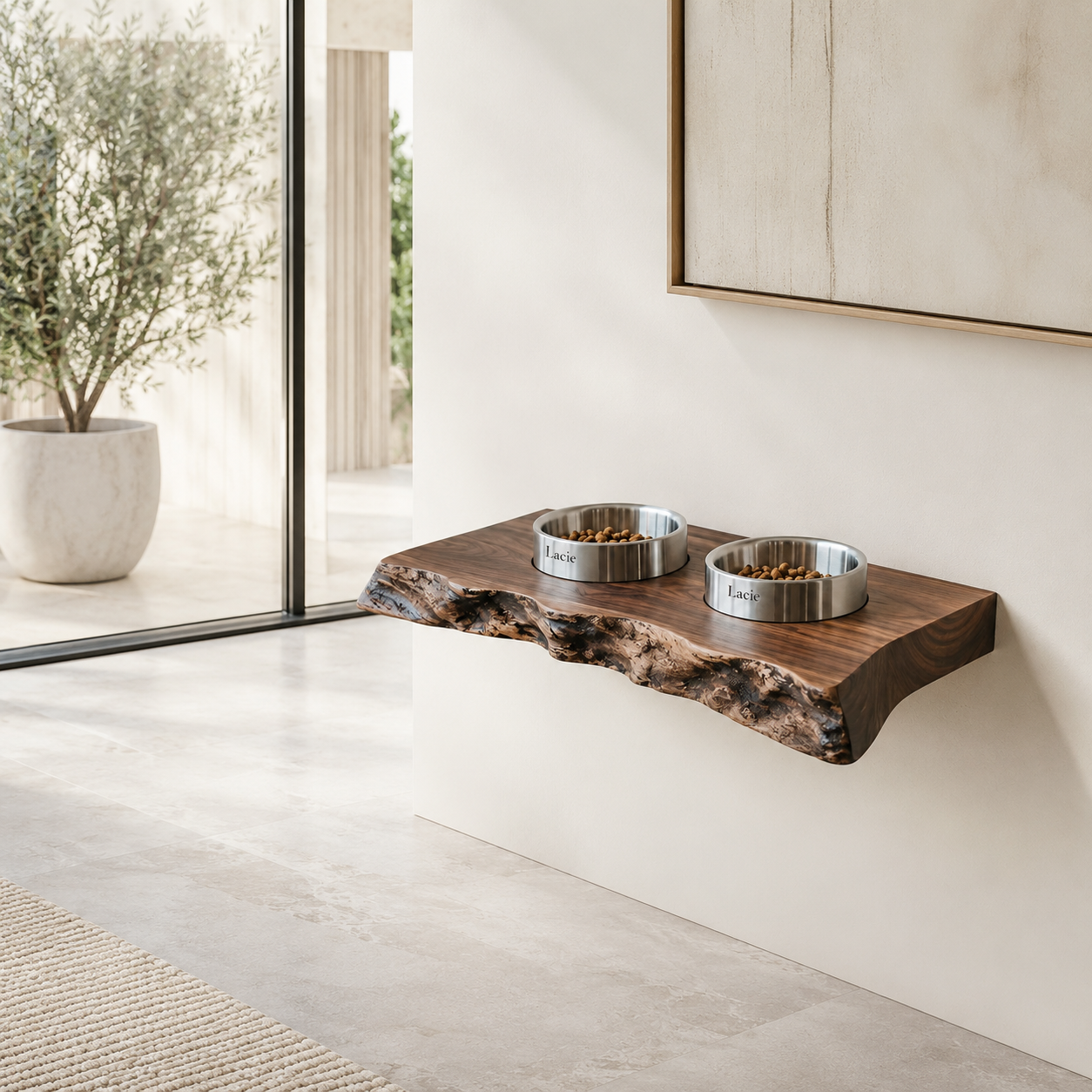 Live Edge Wood Pet Bowl Shelf – Solid Wood Wall Mounted Feeding Station for Home Decor