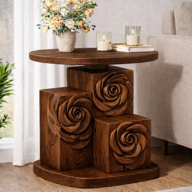 Sculptural Solid Wood Rose Side Table – Hand-Carved Floral Accent Hover Image