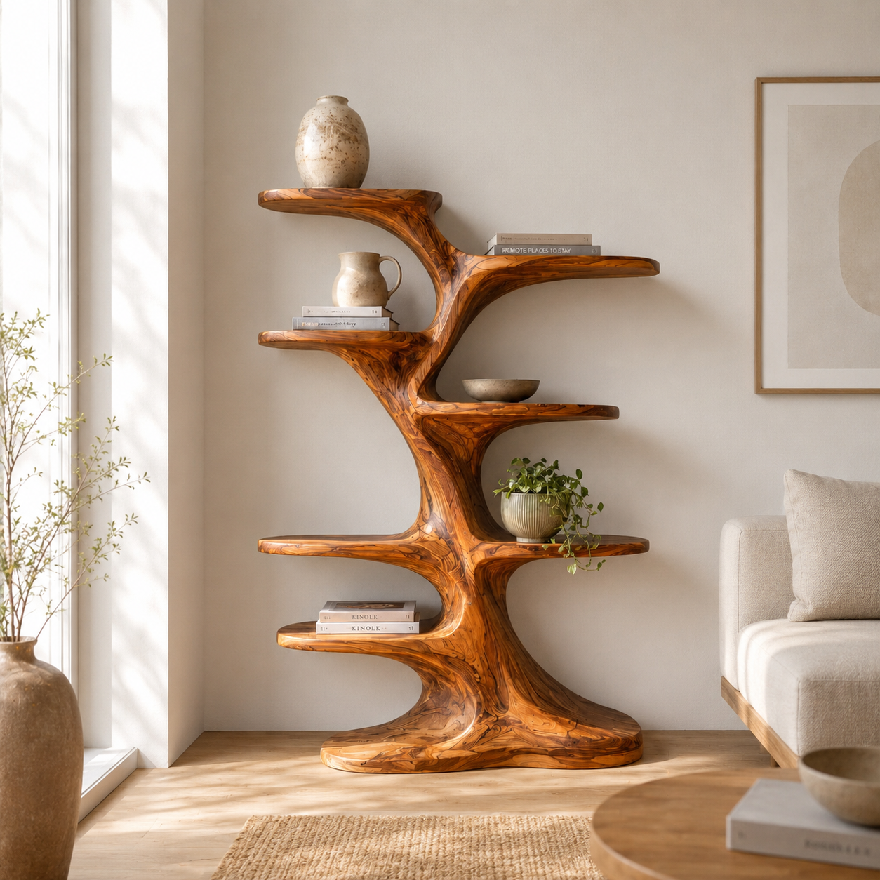 Tree Branch Wood Bookshelf – Solid Wood Display Shelf for Living Room Decor