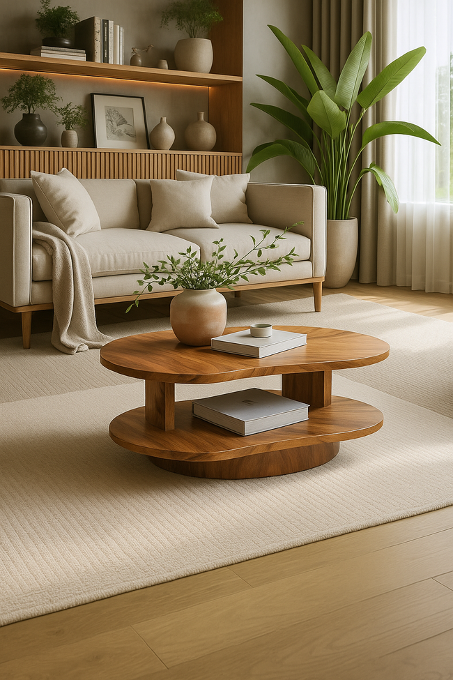 Organic Wave Walnut Coffee Table – Sculptural Two-Tier Design Main Image