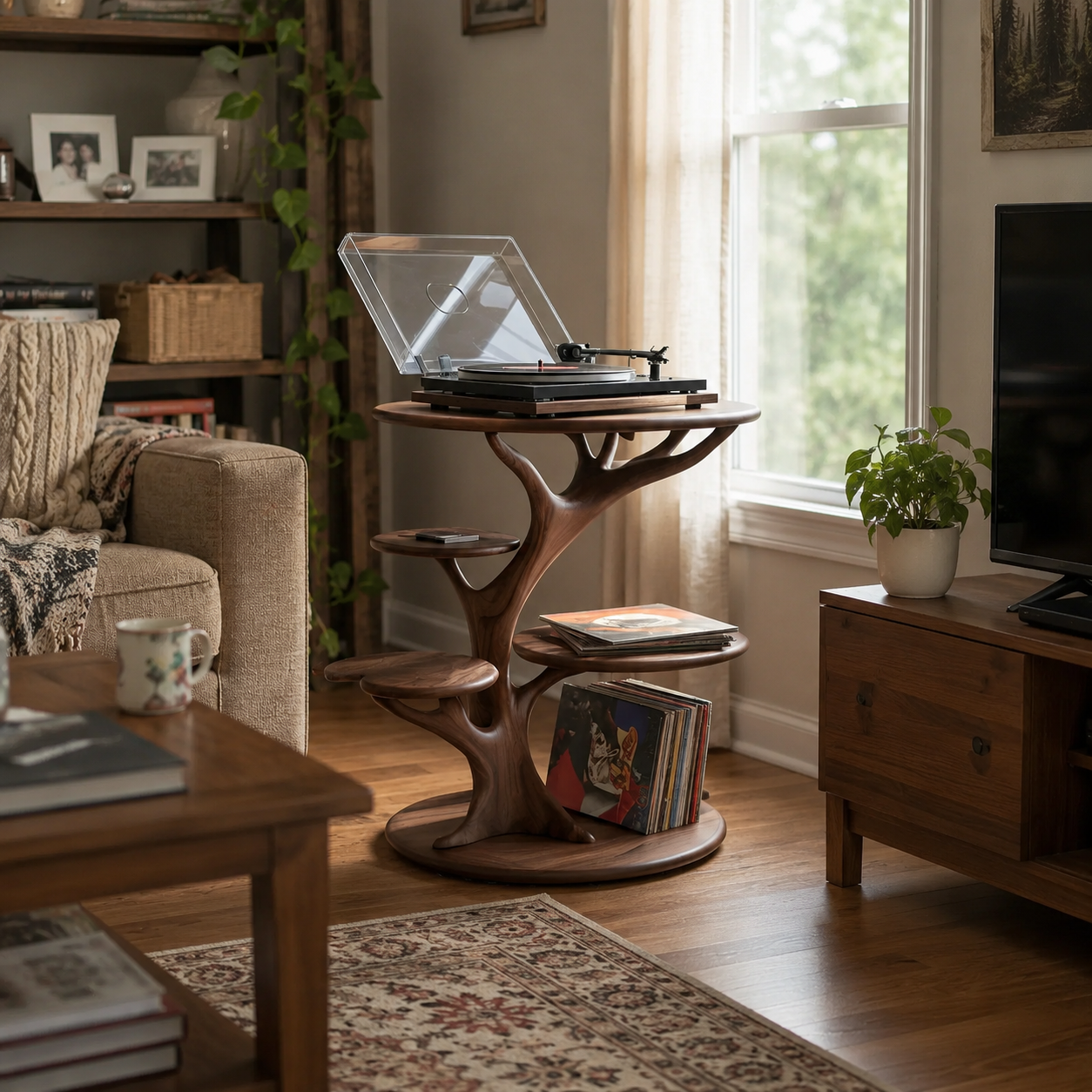 Sculptural Side Table – Solid Wood Magazine Rack Table for Modern Living Room Decor