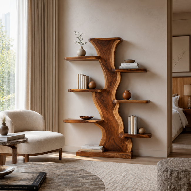 Tree Trunk Wood Bookshelf – Solid Wood Display Shelf for Living Room Decor Hover Image
