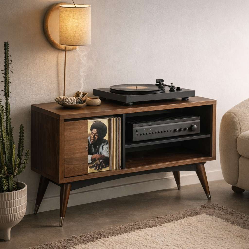 Solid Wood Turntable Console – Mid-Century Vinyl Storage Cabinet
