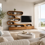 S-Shaped TV Stand – Solid Wood Media Console with Shelves for Living Room Decor