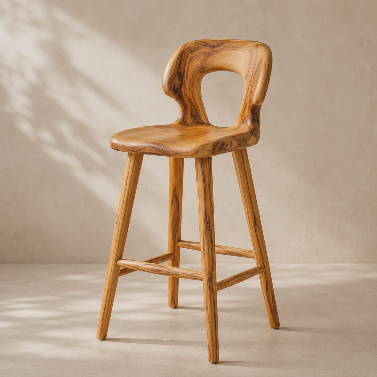 Sculptural Wood Bar Stool – Solid Wood Counter Chair for Kitchen Island Decor
