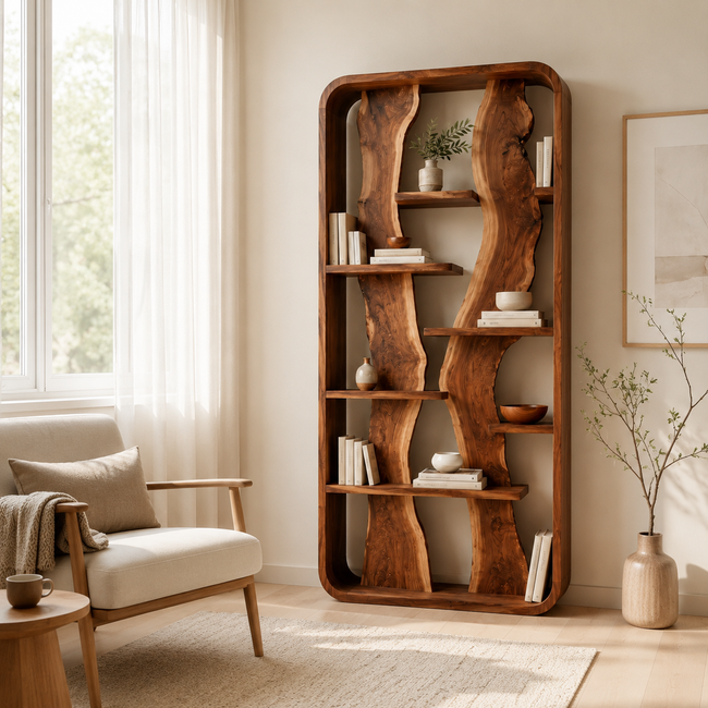 Organic Wood Bookshelf – Solid Wood Display Shelf for Living Room Decor Main Image