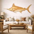 Striped Marlin Wall Art – Solid Wood Decorative Panel for Coastal Home Decor