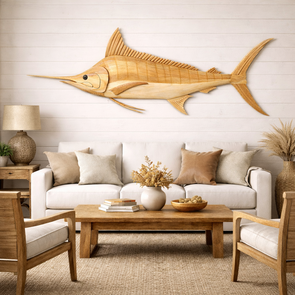 Striped Marlin Wall Art – Solid Wood Decorative Panel for Coastal Home Decor