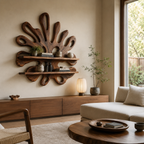 Sculptural Wood Wall Bar Shelf – Solid Wood Wine Display Shelf for Dining Room Decor