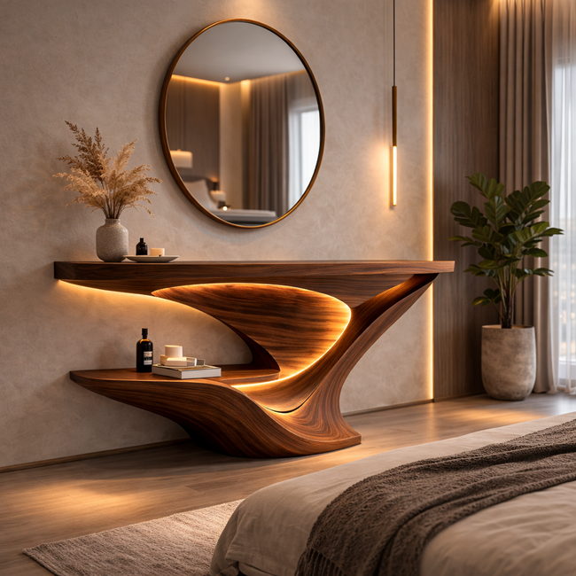 Modern Sculptural Wooden Console Table – Artistic Solid Wood Entryway Table for Living Room or Hallway Hover Image