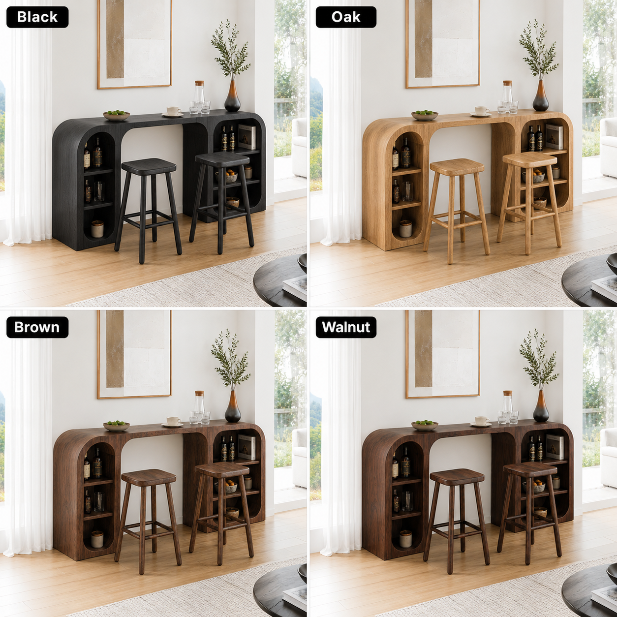 Curved Wood Bar Table Set – Solid Wood Breakfast Bar with Storage Shelves and Stools
