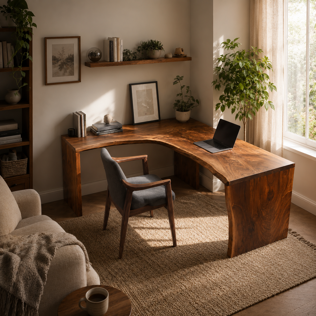 Live Edge L-Shaped Wood Desk – Solid Wood Corner Office Desk for Home Office Decor