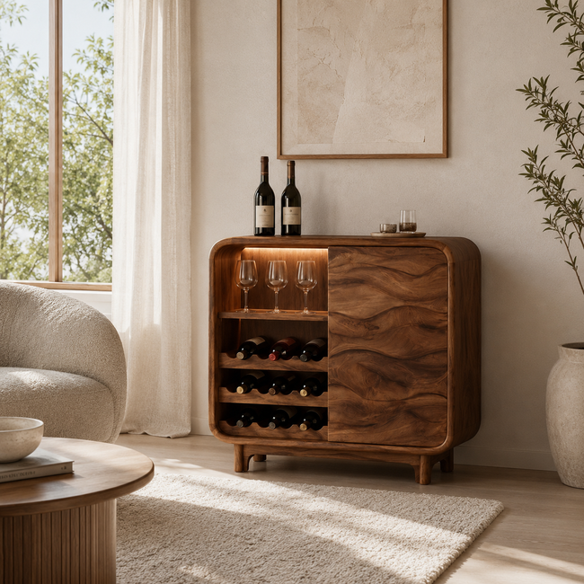 Solid Wood Wine Cabinet – Rounded Wood Bar Storage Cabinet with Wine Rack for Living Room Decor Main Image