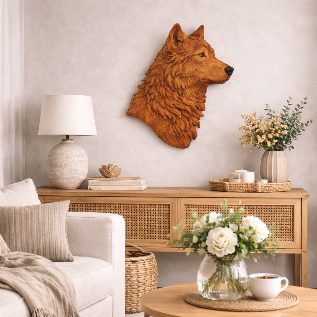 Wolf Head Wall Art – Solid Wood Decorative Panel for Rustic Home Deco