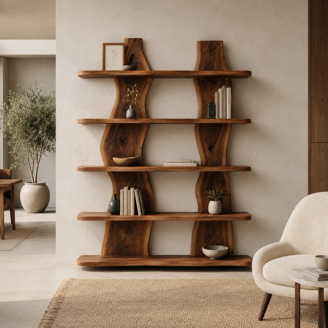 Wave Wood Bookshelf – Solid Wood Display Shelf for Living Room Decor Main Image
