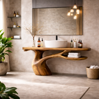 Organic Flow Wooden Bathroom Vanity with Large Mirror – Wall-Mount Design