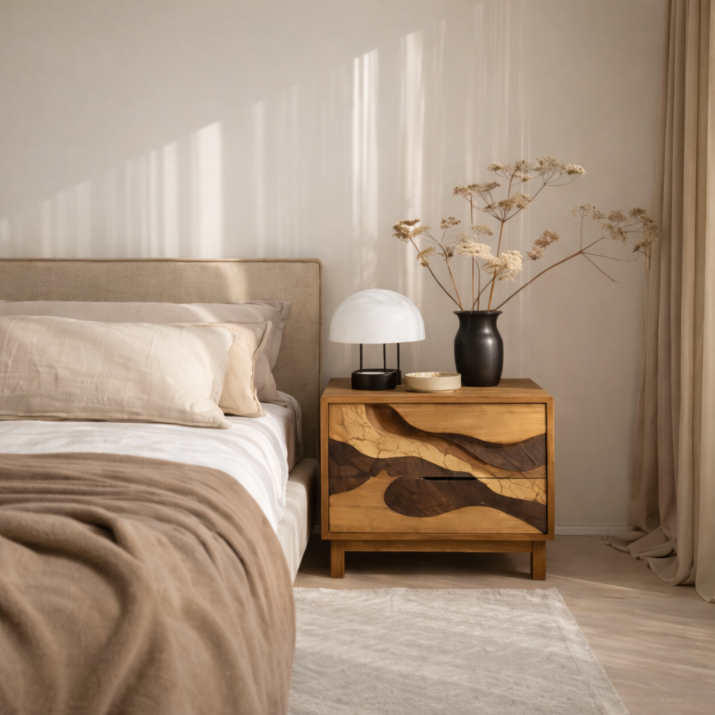 Artisan Solid Wood Bedside Table – Sculptural Nightstand for Modern Bedroom
