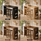 Live Edge Wood Bar Table Set – Solid Wood Home Bar Counter with Storage Shelves and Stools
