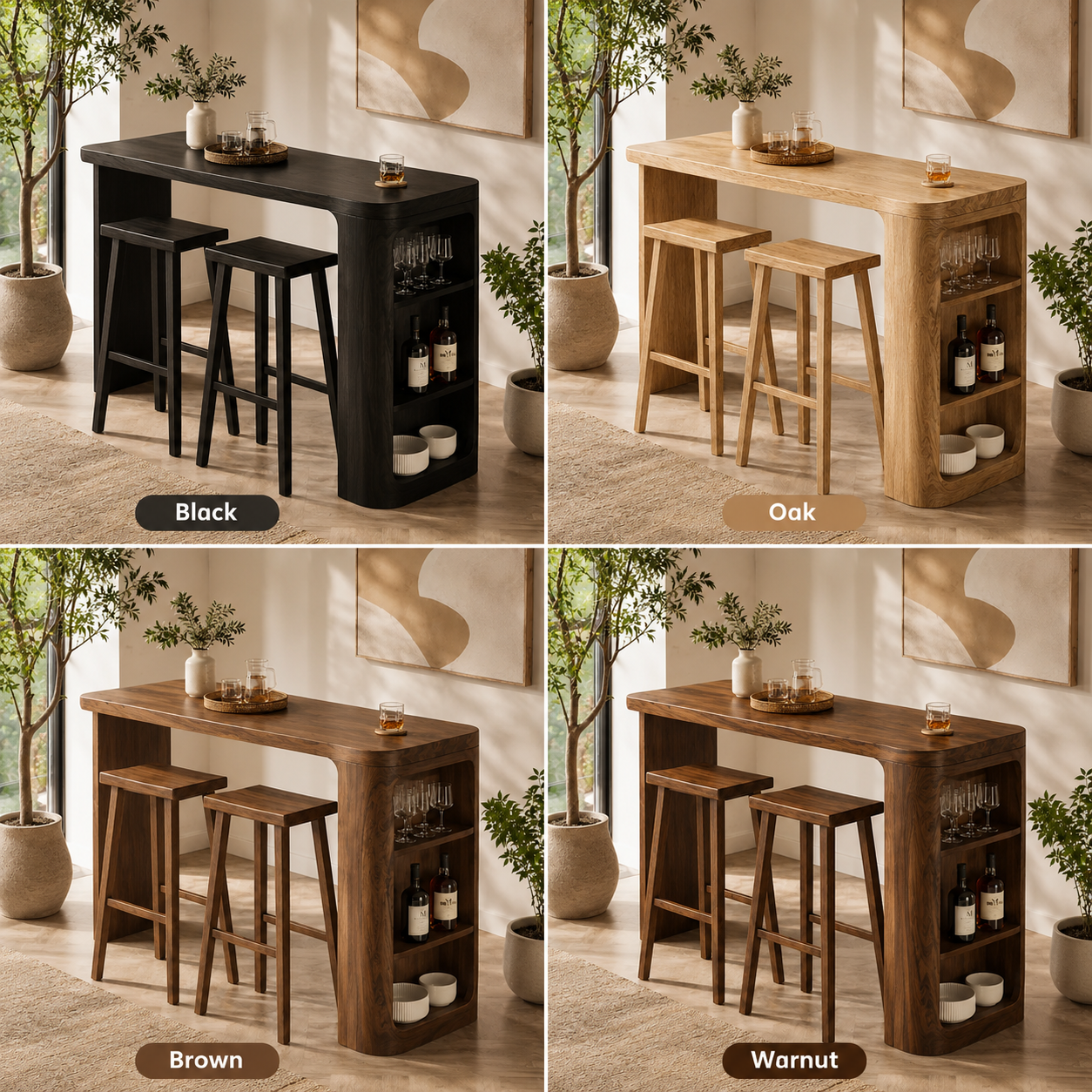 Live Edge Wood Bar Table Set – Solid Wood Home Bar Counter with Storage Shelves and Stools