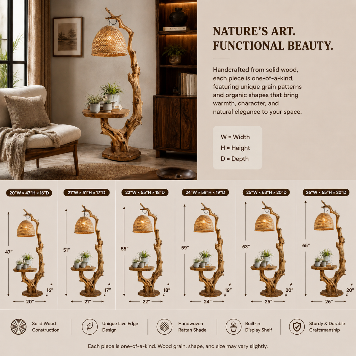 Tree Branch Floor Lamp – Solid Wood Standing Light with Shelf
