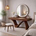 Modern Solid Wood Vanity Table with Round Mirror – Sculptural Set