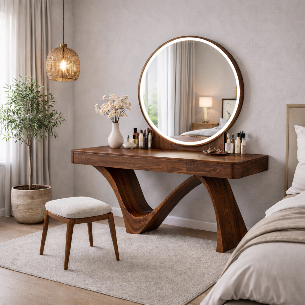Modern Solid Wood Vanity Table with Round Mirror – Sculptural Set