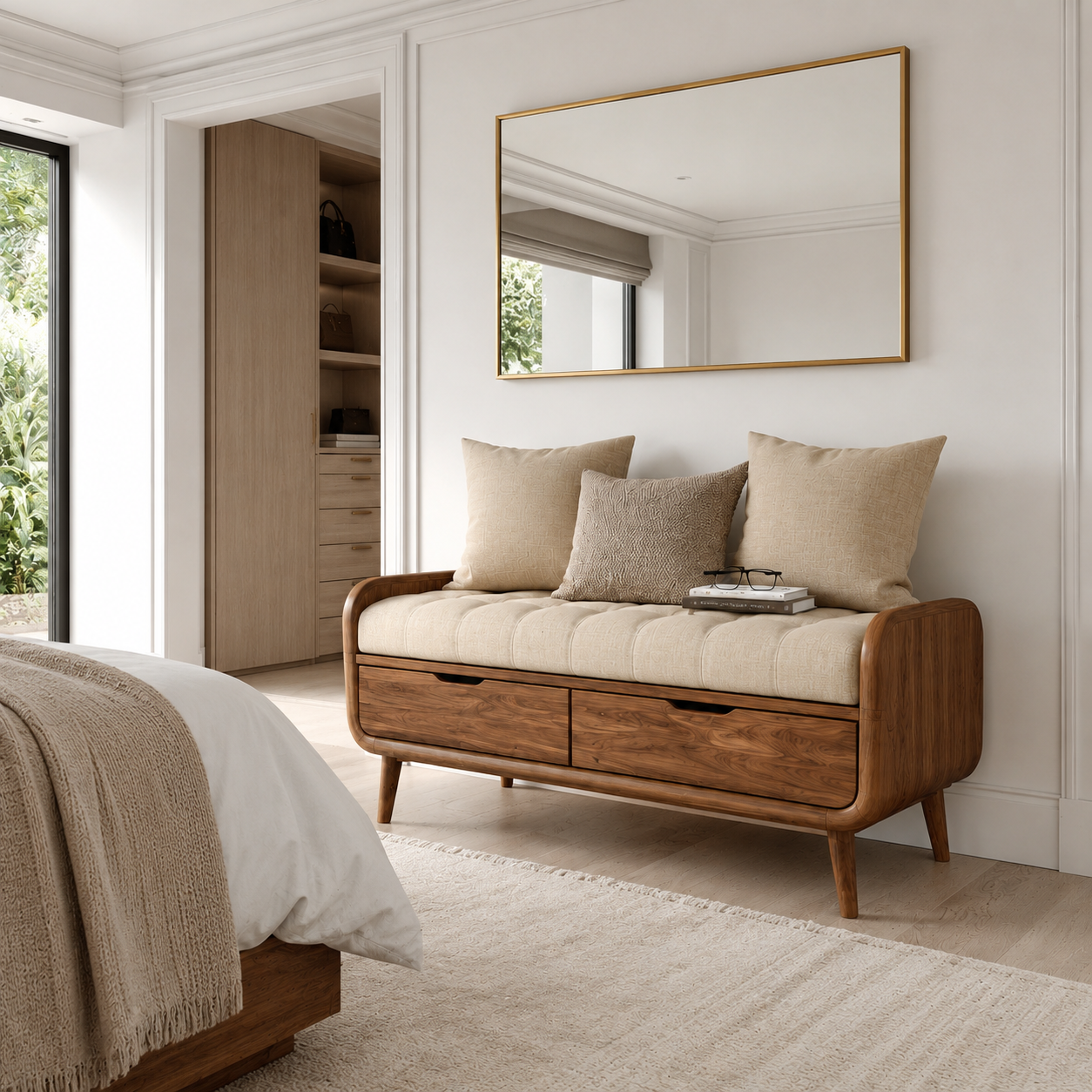 Wood Storage Bench with Cushion – Solid Wood Entryway Bench with Drawers for Home Decor