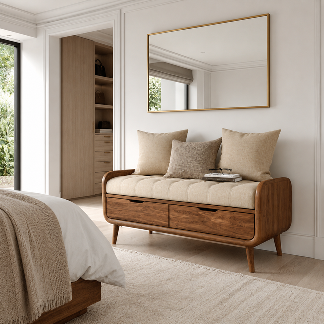 Wood Storage Bench with Cushion – Solid Wood Entryway Bench with Drawers for Home Decor Main Image