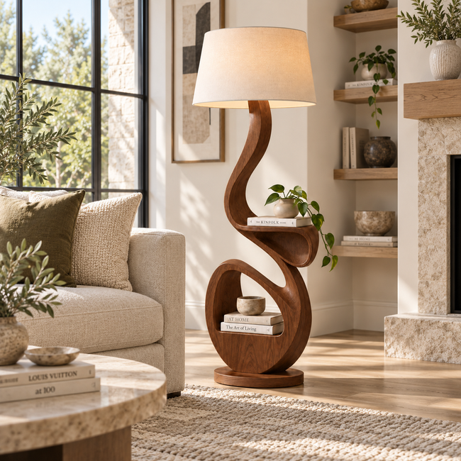 Sculptural S-Curve Wood Floor Lamp with Shelves Hover Image