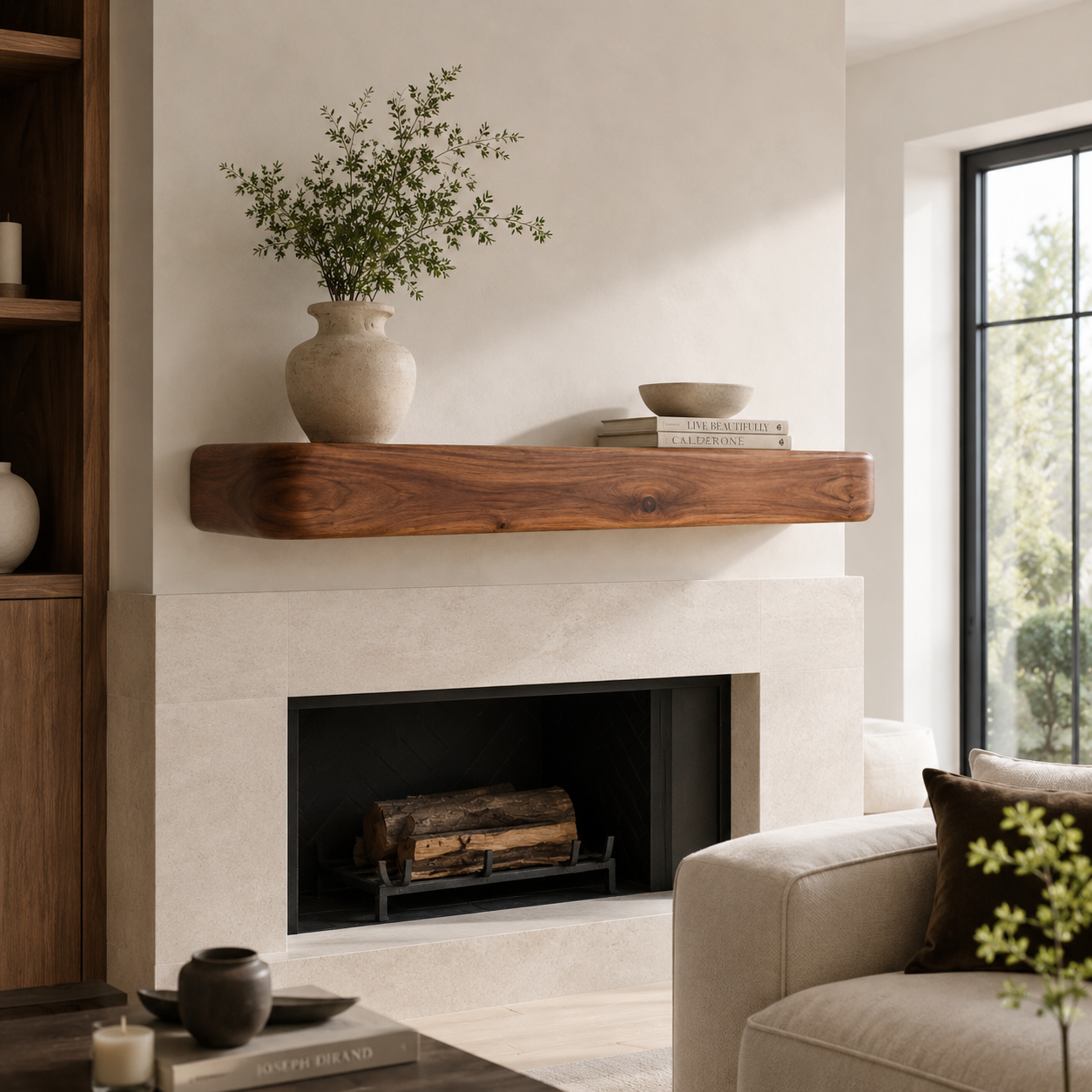 Wood Fireplace Mantel – Solid Wood Floating Shelf for Cozy Living Room Decor