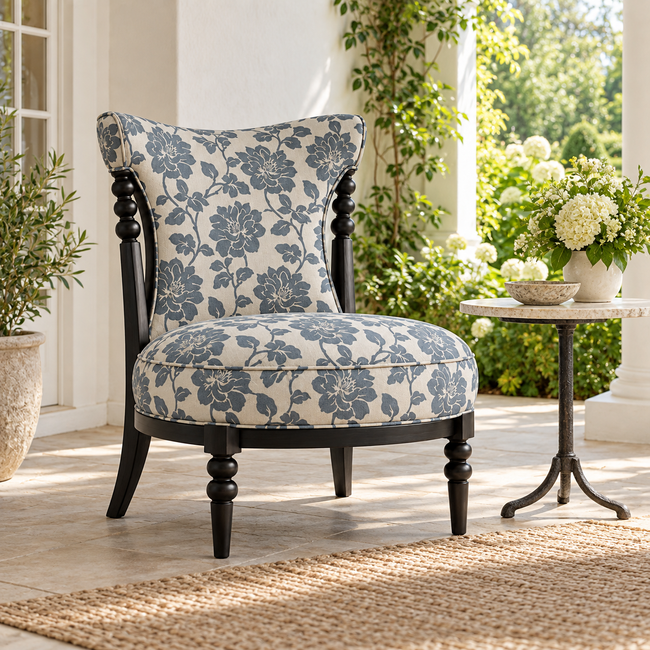 Floral Upholstered Accent Chair with Turned Wood Details Main Image