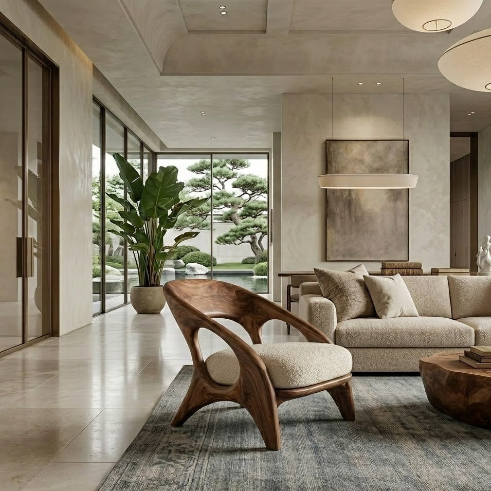 Sculptural Lounge Chair – Solid Wood Accent Chair for Living Room