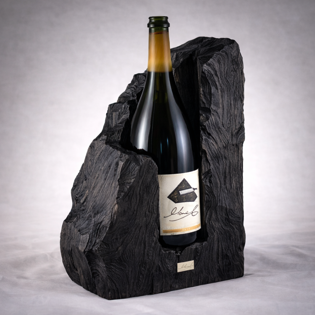 Hand-Carved Solid Wood Wine Holder for Sculptural Bottle Display