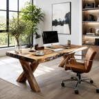 Live Edge Wood Desk – Solid Wood Office Table with X-Base Legs for Home Office Decor