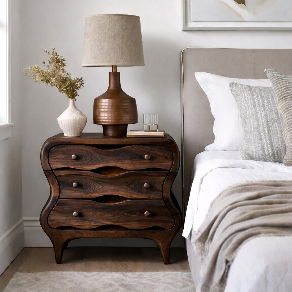 Organic Sculpted Wooden Nightstand with Drawers – Modern Bedside Table