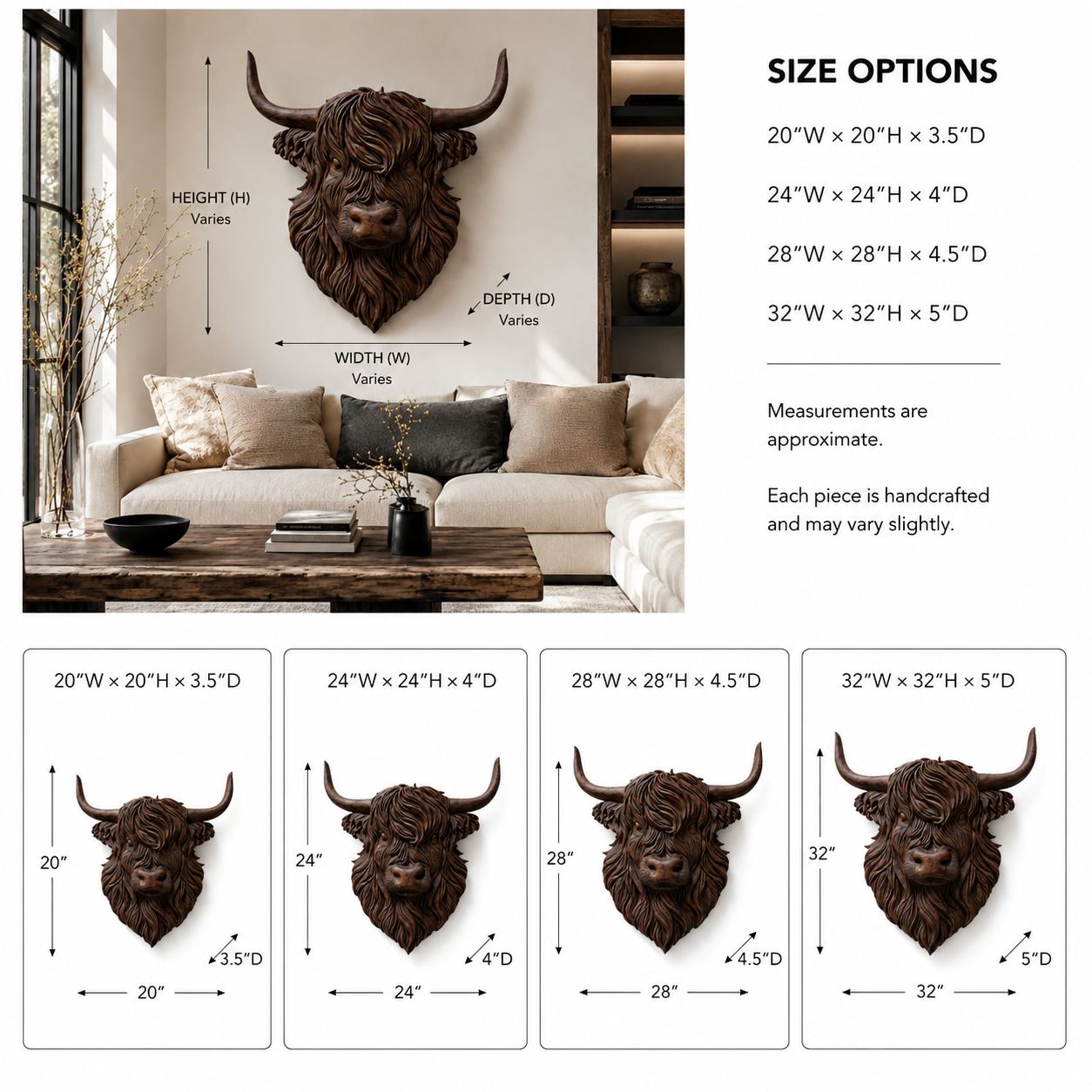 Highland Cow Wood Wall Art – Solid Wood 3D Animal Head Sculpture for Living Room Decor