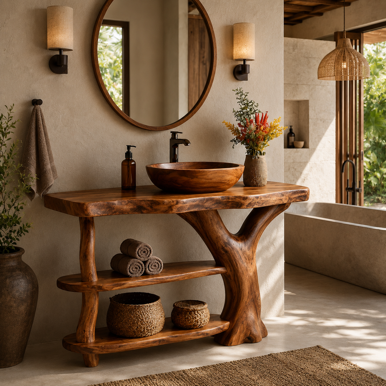 Live Edge Wood Bathroom Vanity – Solid Wood Sink Console with Storage Shelf for Bathroom Decor