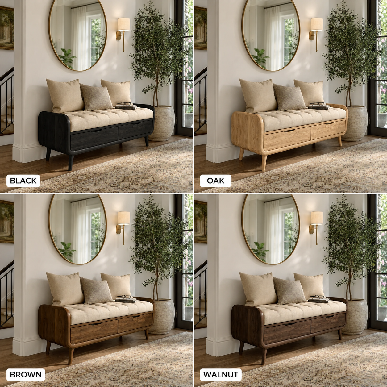 Wood Storage Bench with Cushion – Solid Wood Entryway Bench with Drawers for Home Decor