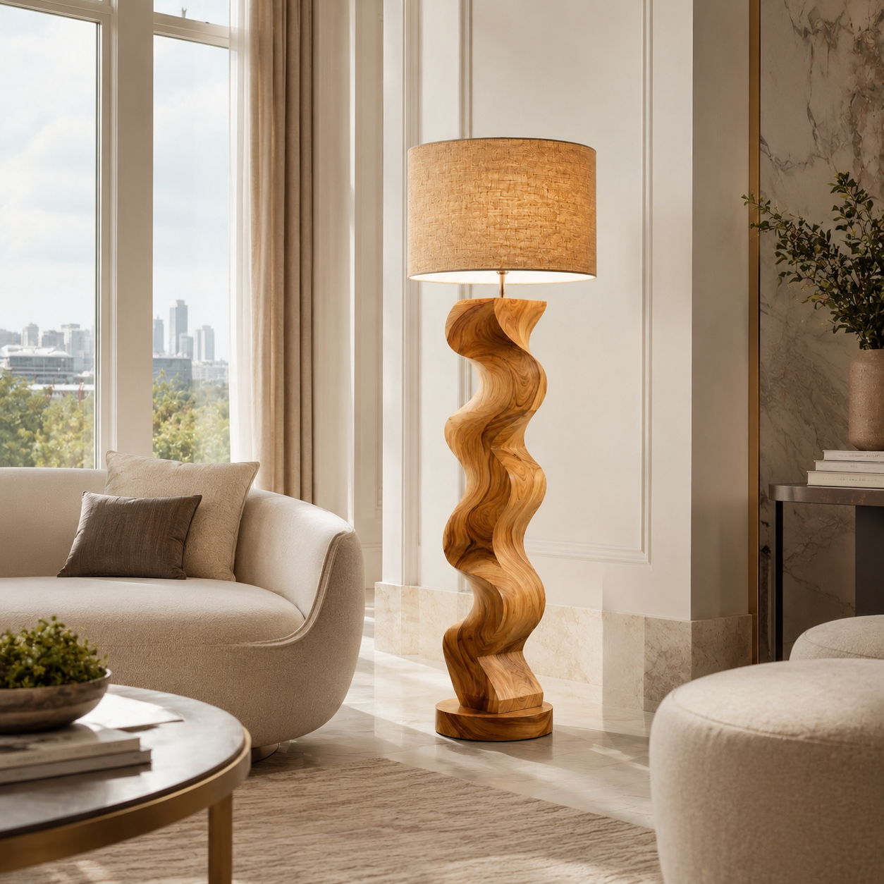 Sculptural Wood Floor Lamp – Solid Wood Wavy Standing Lamp with Fabric Shade for Living Room Decor
