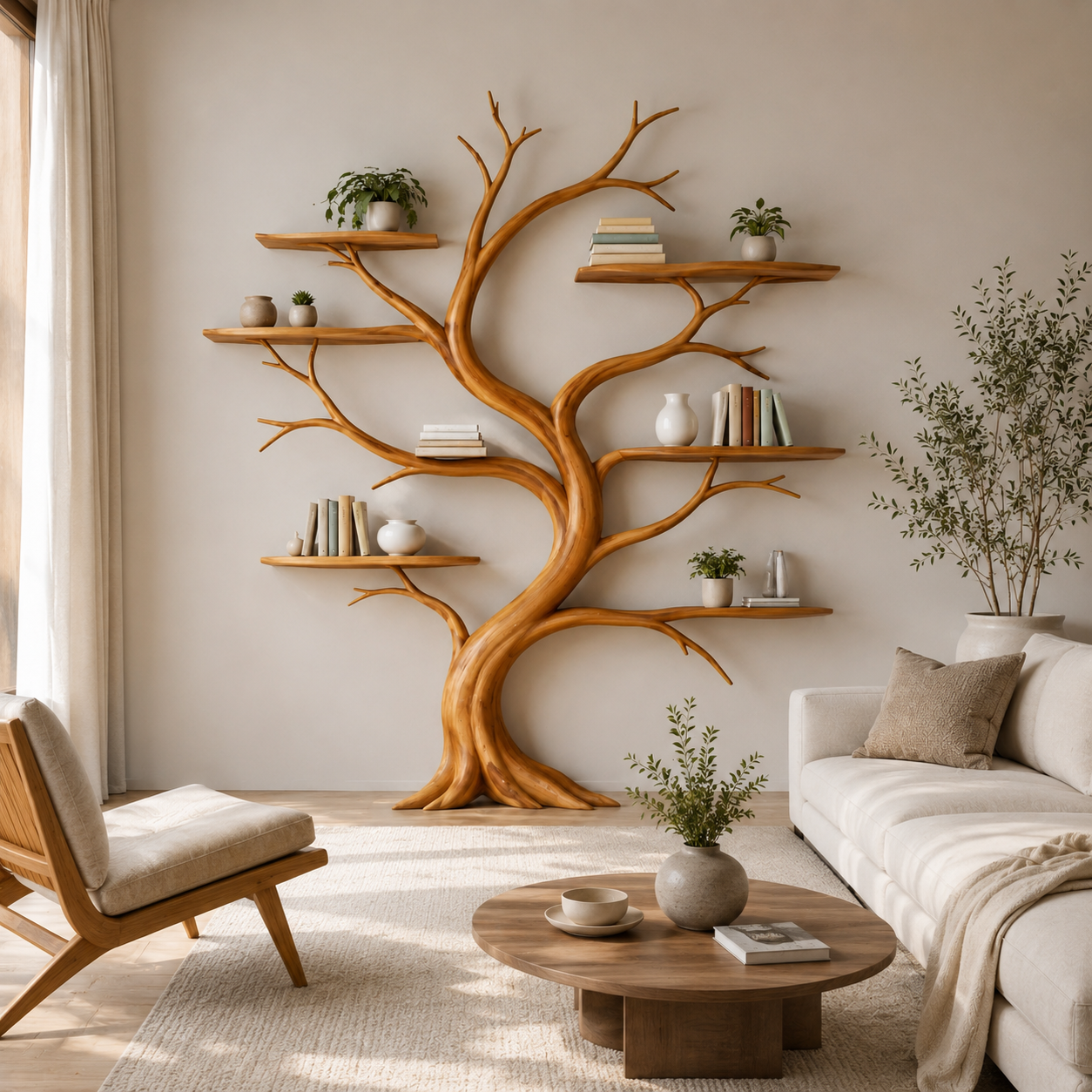 Tree Wall Shelf – Solid Wood Sculptural Shelf for Living Room Decor