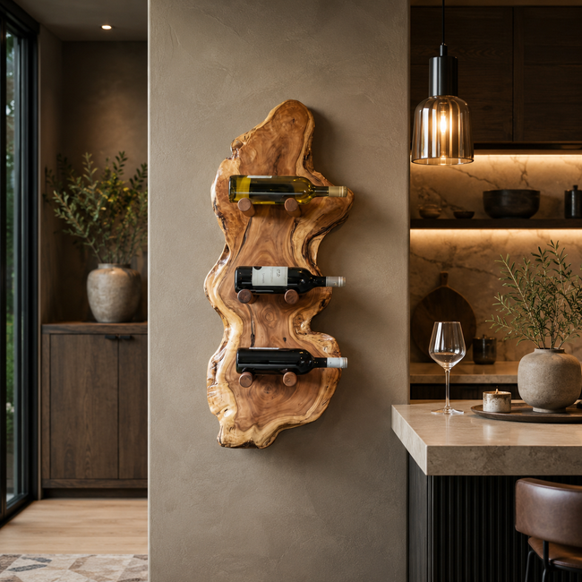 Rustic Bottle Holder – Solid Wood Wall-Mounted Rack for Home Bar Decor Hover Image