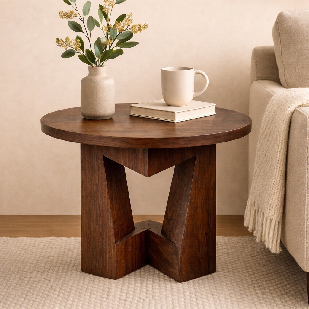 Sculptural Solid Wood Side Table – Handcrafted Pedestal Design