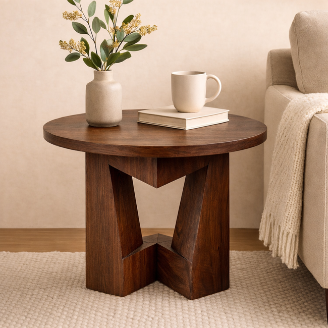 Sculptural Solid Wood Side Table – Handcrafted Pedestal Design Main Image