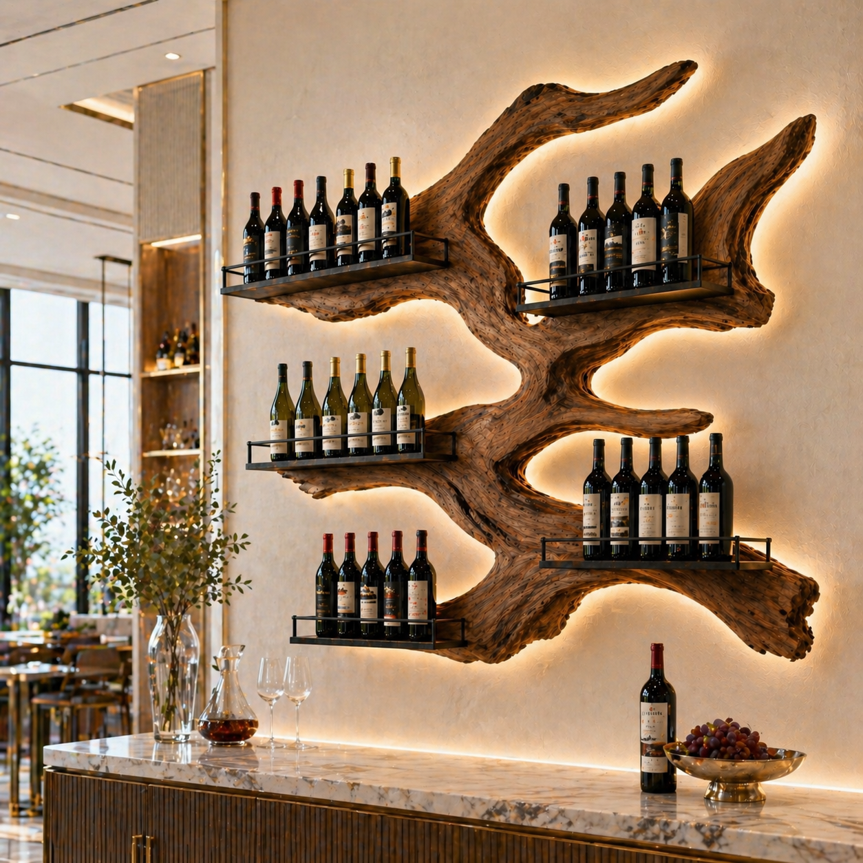 Map Shaped Wine Rack – Solid Wood Wall Bottle Holder for Home Bar Decor