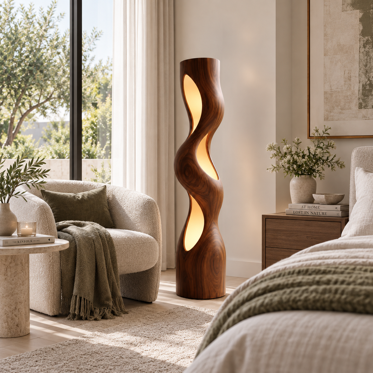 Sculptural Wave Wood Floor Lamp