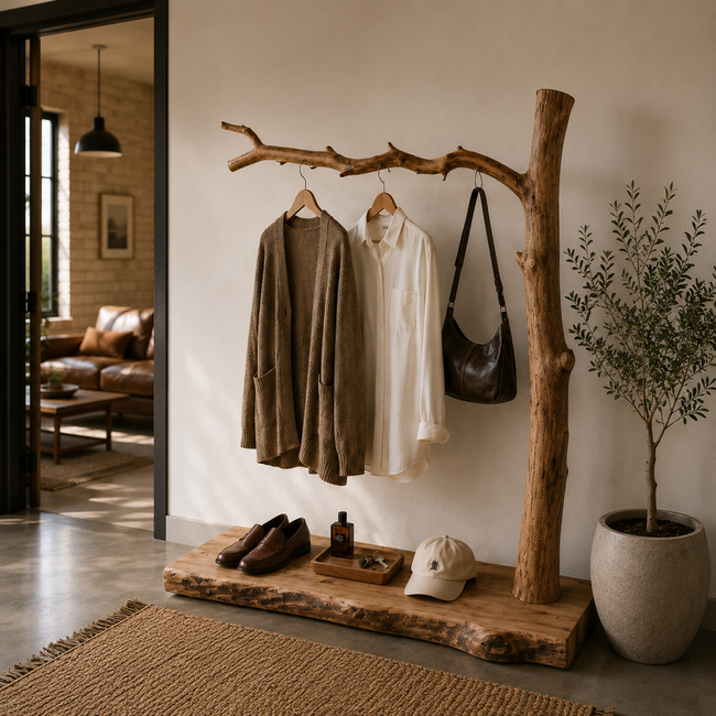 Natural Tree Branch Coat Rack – Handmade Solid Wood Entryway Shelf with Hooks for Rustic Home Decor Main Image