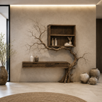 Tree Branch Wood Console Table – Solid Wood Wall Shelf with Cabinet and Sculptural Tree Base