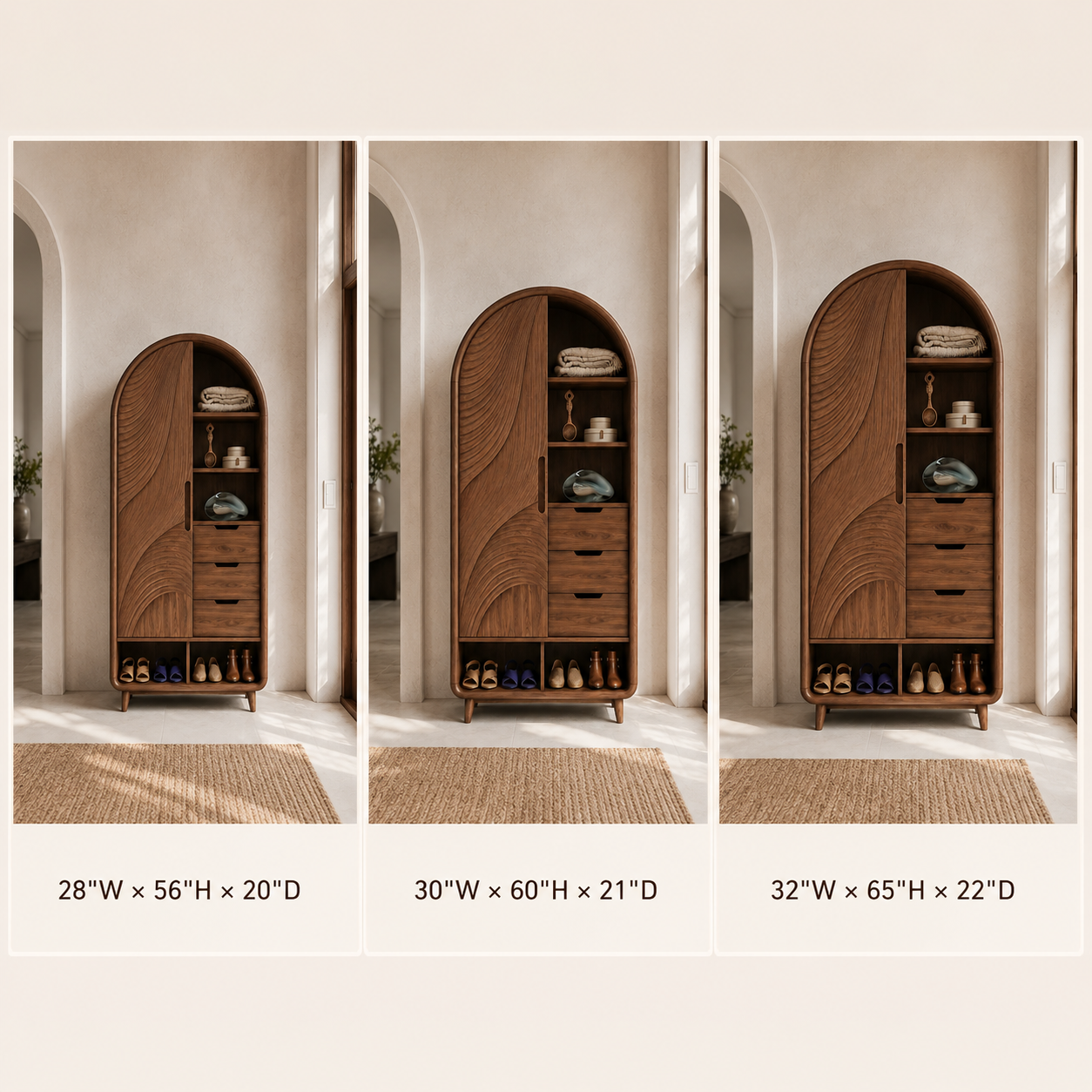 Arched Wood Wardrobe – Solid Wood Carved Storage Cabinet for Bedroom Decor