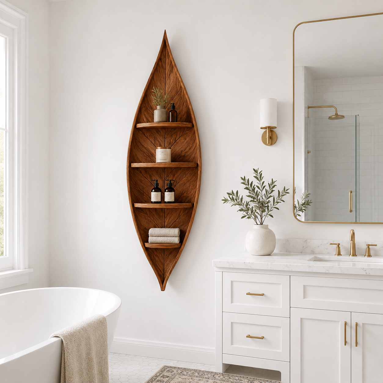 Leaf Wood Bathroom Shelf – Solid Wood Wall Mounted Display Shelf for Bathroom Decor