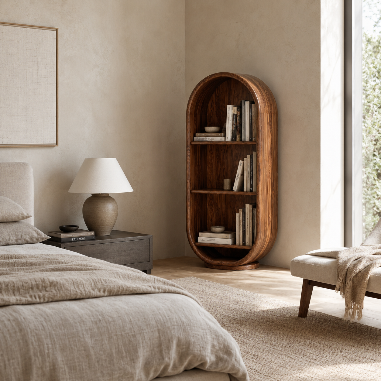 Arched Wood Bookshelf – Solid Wood Display Cabinet for Living Room Decor